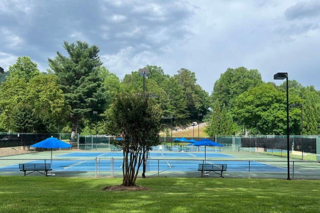 Tennis courts with green trees in the background.
